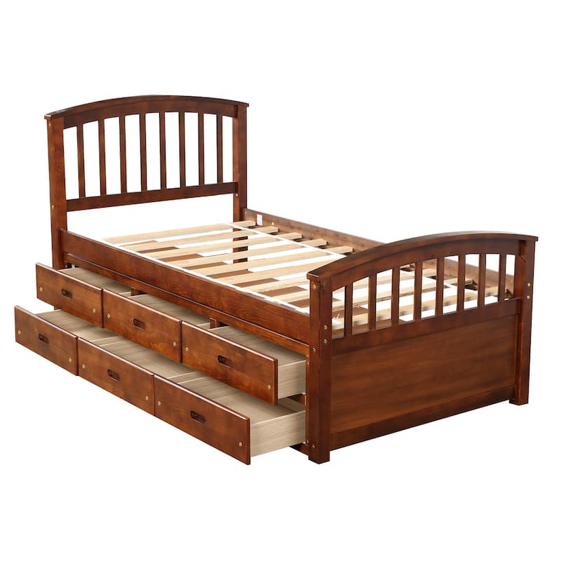 Twin Size Platform Captains Storage Bed Solid Wood Daybed with 6 Drawers Bookcase Bed Low Profile Bed Panel Bed