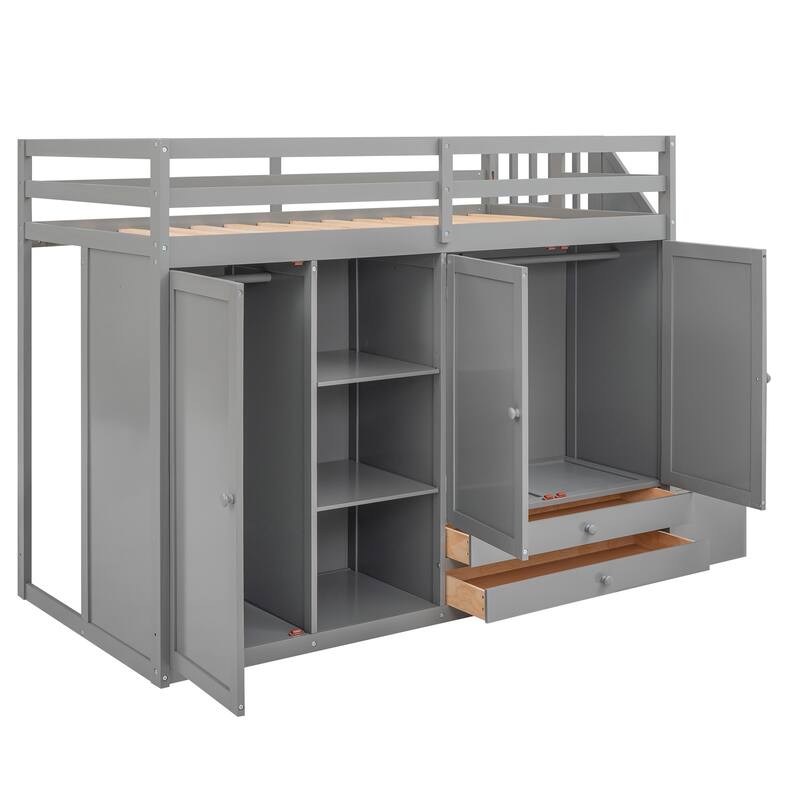 Twin Loft Bed with Wardrobes, Shelves, and Drawers, Space-Saving Design