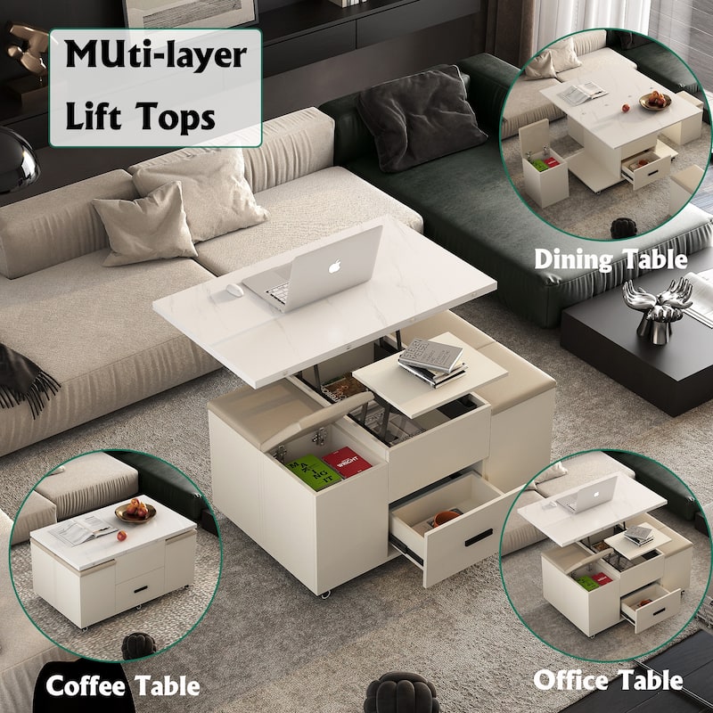 Lift Top Coffee Table Set with 4 Stools, Center Table with Hidden Storage & Drawers, Living Room Table with Lockable Wheels