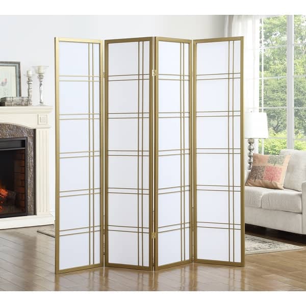 slide 2 of 12, Roundhill Furniture Seto White Wood and Paper 4-panel Room Divider Screen Gold