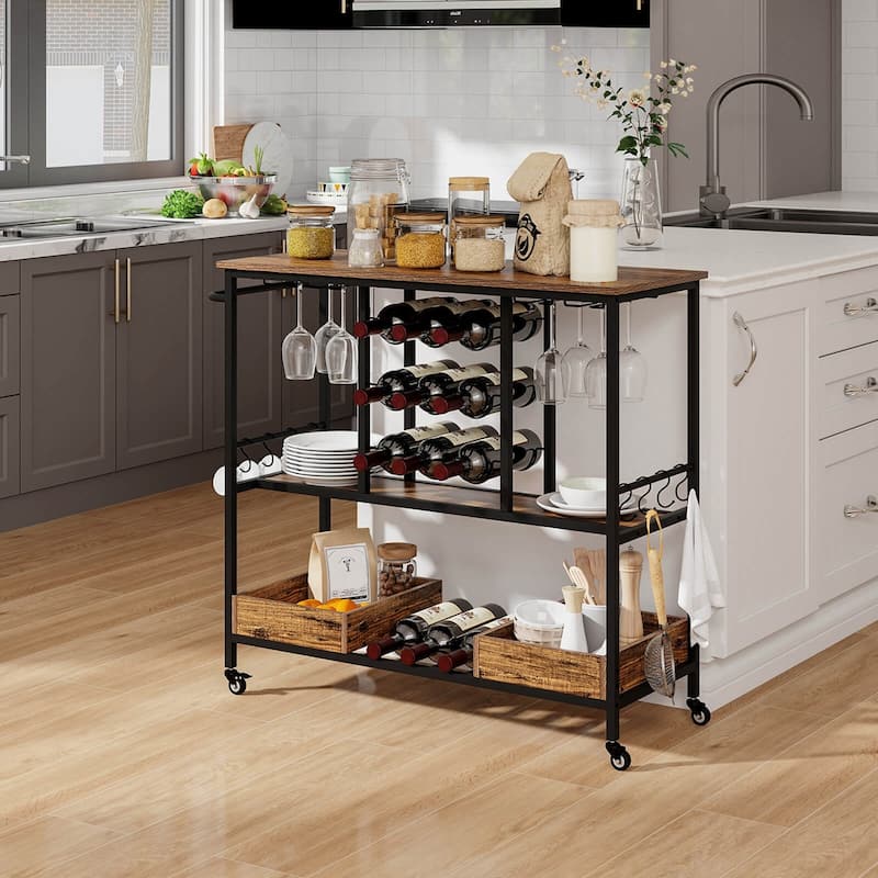 Costway 3 Tiers Bar Cart Home Serving Cart on Wheels with Glass Racks - See Details