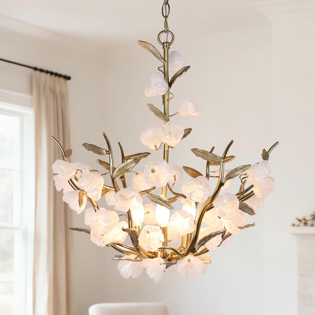 22.2" 6-Light Floral Chandelier Antique Gold Leaf Glass Flower Ceiling Lights - Diameter 22.2" × Height 24"