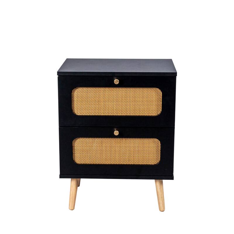 Wooden Nightstand with Rattan-Woven Storage Cabinet and 2 Drawer, Exquisite Elegance with Natural Storage Solutions for Bedroom