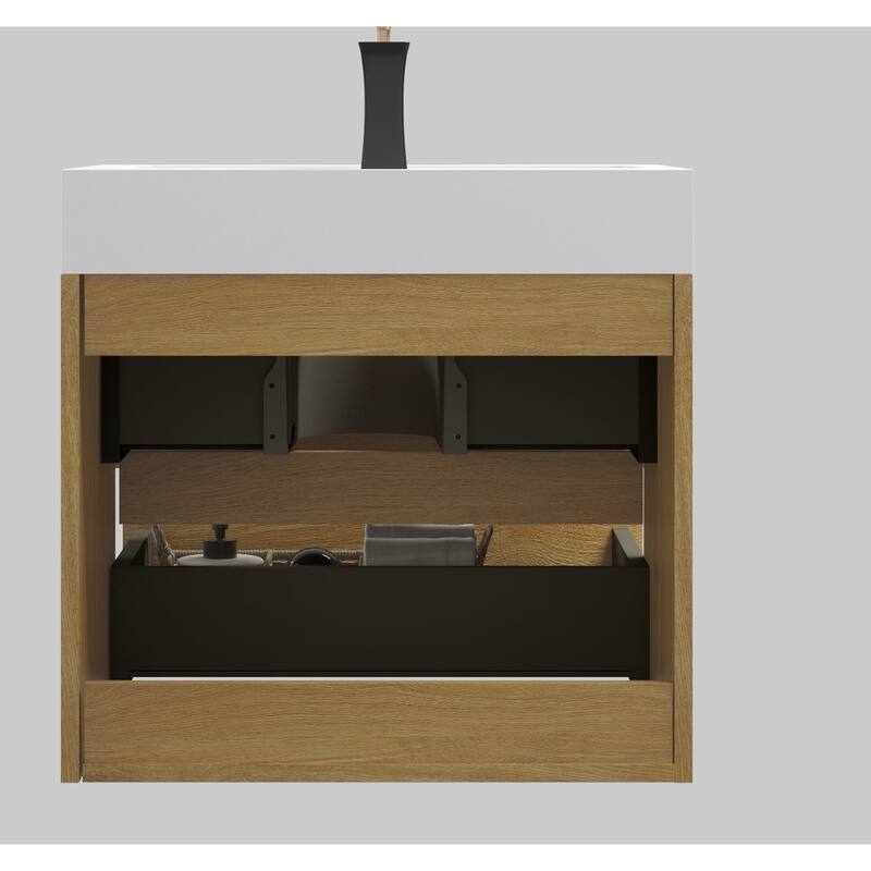 Wall-Mounted Bathroom Vanity with Solid Surface Integrated White Sink, Natural Oak Finish, Maximized Storage Drawers