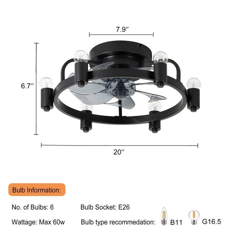 20 in. Black Iron Flush Mount Ceiling Fan With 6 Lights