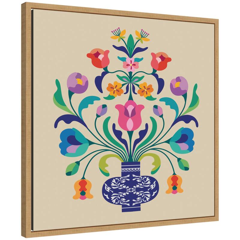 Kate and Laurel Floral Blue Vase by Rachel Lee Framed Canvas Wall Art Print - 22 x 22 - Brown