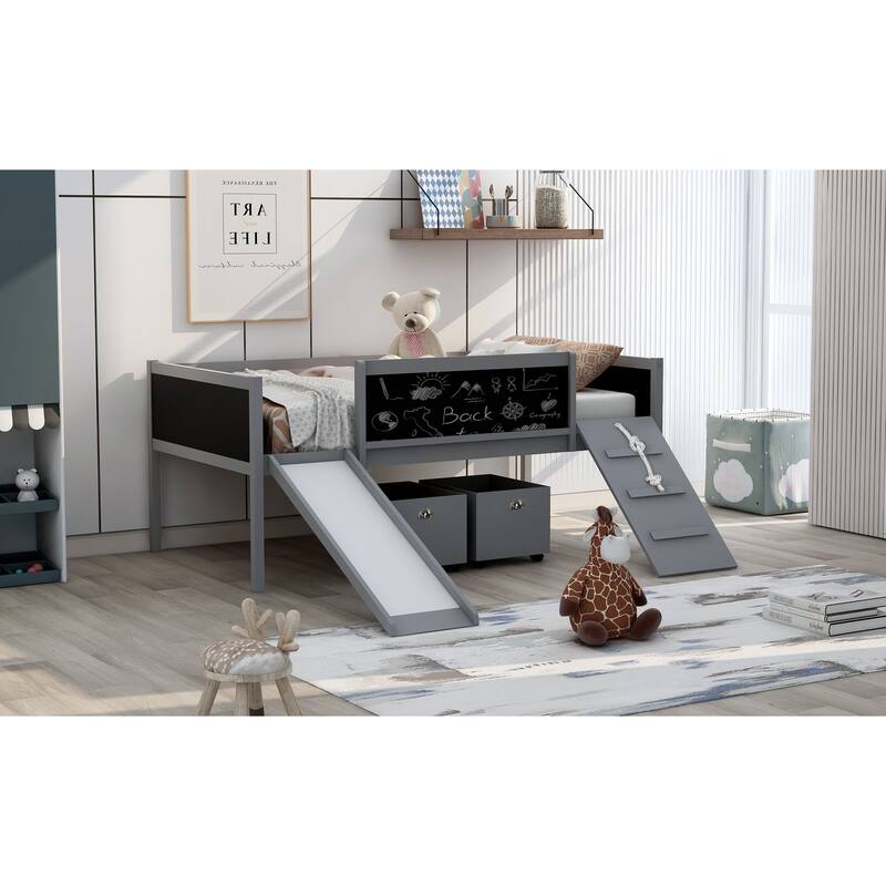 Twin Size Loft Bed with Storage Boxes and Climbing Frame - Gray