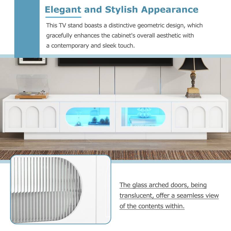 Modern TV Cabinet LED TV Cabinet with Fluted Arched Tempered Glass Doors, 2 Drawers and 2 Cabinets, for Living Room, White