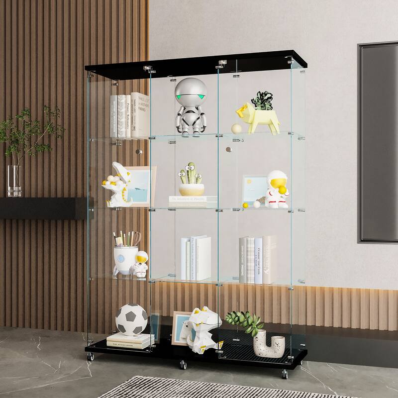 Glass Display Cabinet w/4 Shelves & Wheels, Floor Standing Glass Curio Cabinets for Living Room Bedroom Study or Collection Room
