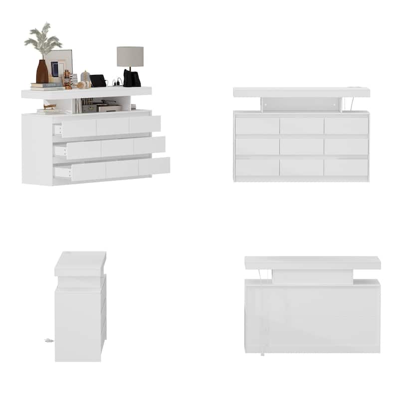 Modern 9-Drawer Dresser with RGB LED Lights and Built-in Power Strip - White Storage Chest