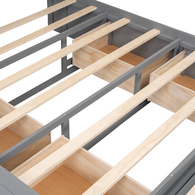 Gray Queen Size Storage Platform Bed with Headboard, 4 Drawers & Shoe Rack