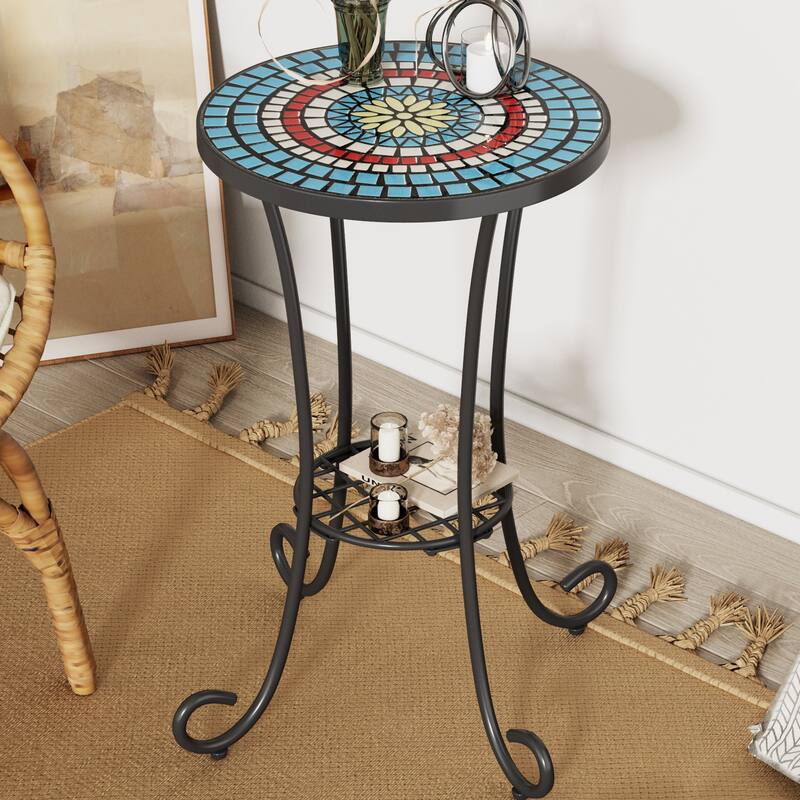 Patio Side table with Shelf - Black,Blue