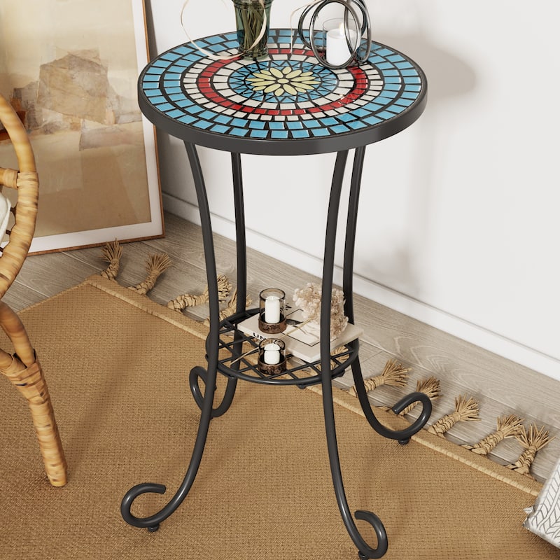 Roomfitters Outdoor Patio Side Table with Ceramic Tile Top and Lower Shelf, Floral - Black,Blue