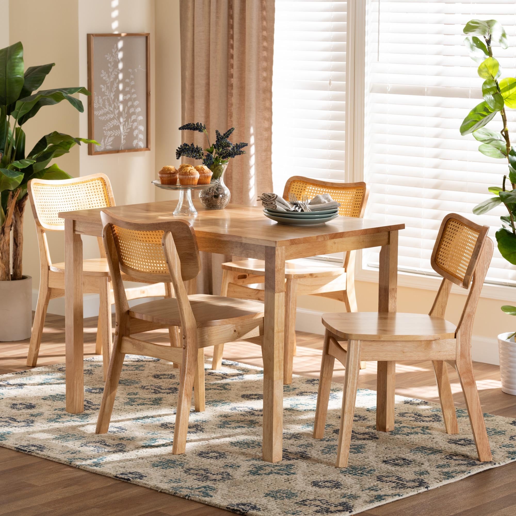 Dulcet Mid-Century Oak Brown Finished Wood and Rattan 5-Piece Dining Set
