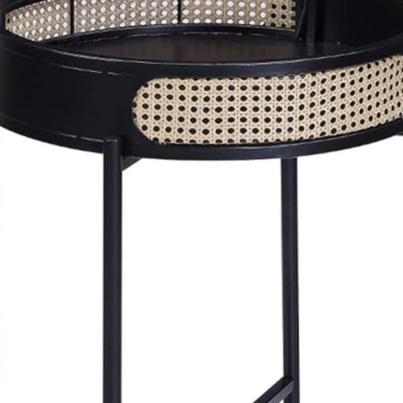 24 Inch Round End Table, Rattan Apron Accent, Metal Legs, Black - 22 Dia. x 24 H, in inches
