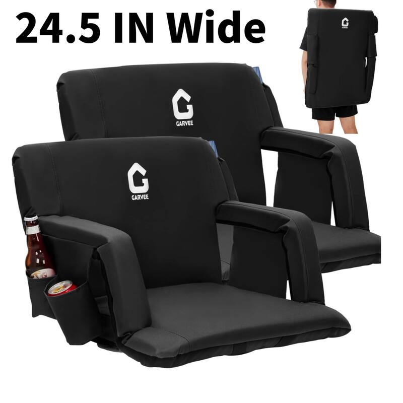2 PCS 24.5" Reclining Bleacher Seat, Stadium Chair with Back Support Padded Cushion - Black