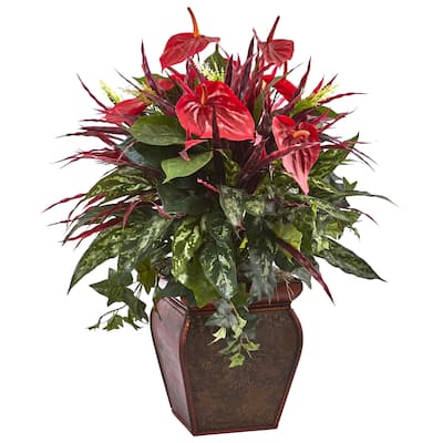 Artificial Plant with Planter Decorative Faux Greenery Indoor Outdoor Home Decor - Red - 28