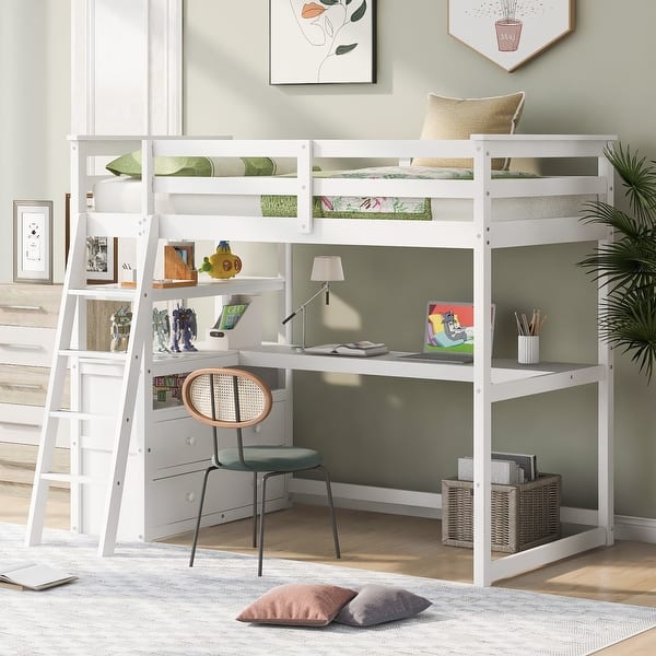 slide 2 of 7, Sleek Twin Loft Bed with Desk, Shelves, and Storage Drawers in Pine Wood White
