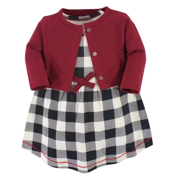 slide 1 of 1, Touched by Nature Baby and Toddler Girl Organic Cotton Dress and Cardigan 2pc Set, Black Plaid 2T - Black Plaid