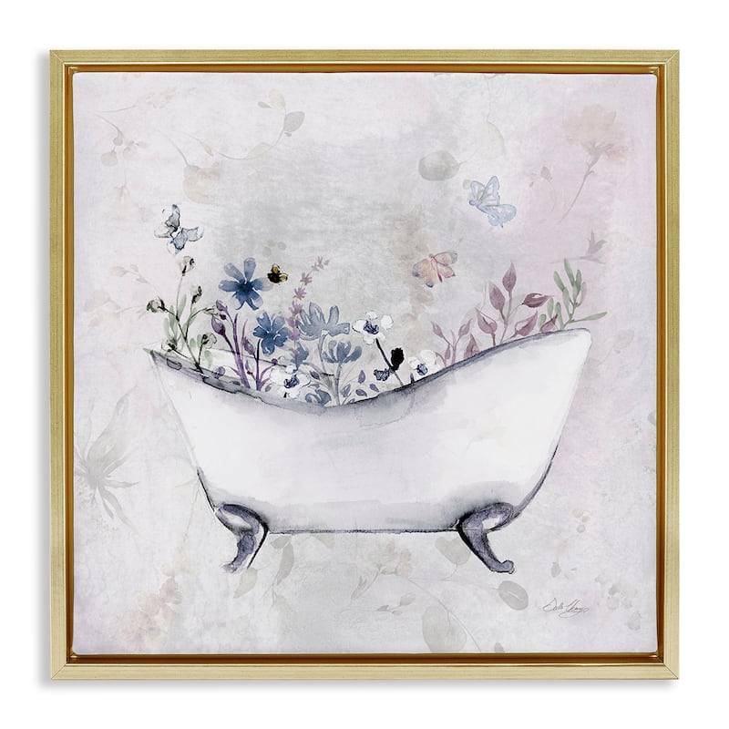 Stupell Delicate Bath with Botanics Framed Floater Canvas Wall Art Design By Stella Chang - 25 x 25 - Gold