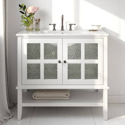 36" Bathroom Vanity with Ceramic Sink, Adjustable Shelf, Open Shelf, Solid Wood Legs & Soft-Close Hinges