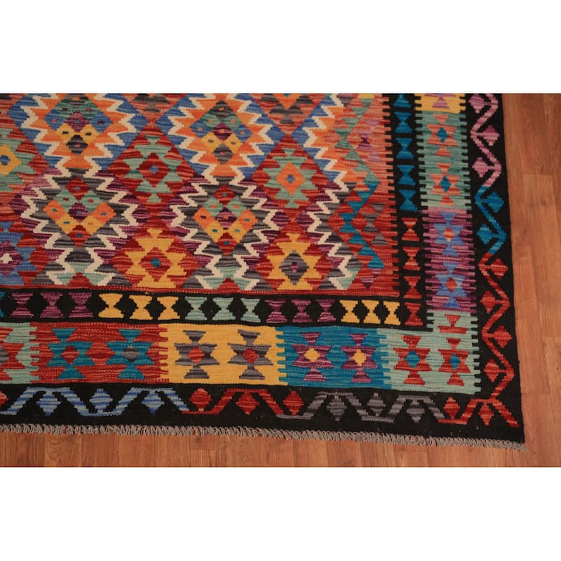 All-Over Trellis Kilim Oriental Area Rug Hand-Woven Wool Carpet - 9'10"x 12'11"