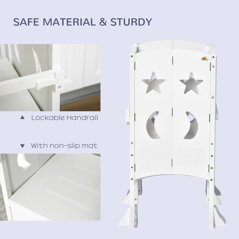2 in 1 Kids Foldable Kitchen Step Stool, Toddler Standing Tower with Chalkboard and Lockable Handrail for Children 3-6 Years Old