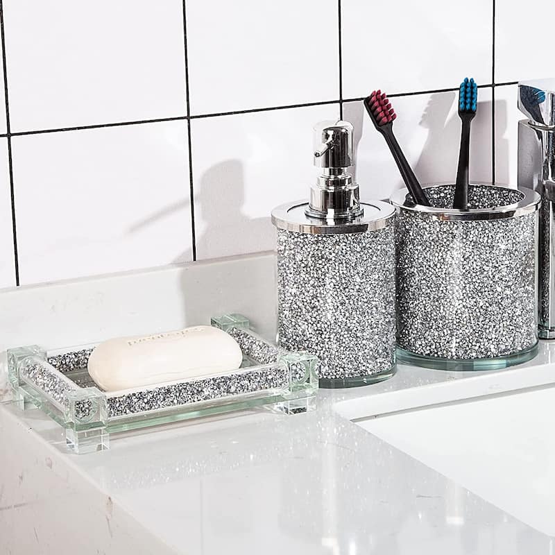 3PCS Silver Crystal Diamond Bathroom Accessory Decor Sets