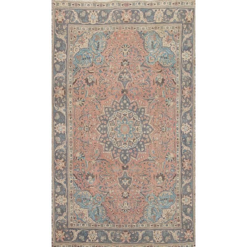 Hand Knotted Oriental 100% Wool Carpet Traditional Floral Pink Tabriz Area Rug - 9' 5'' X 6' 4''