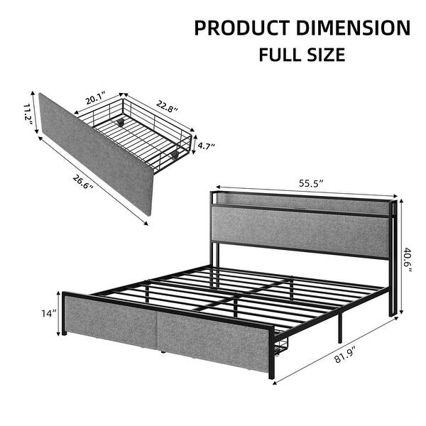 Full Size Upholstered Bed Frame 2 Storage Drawers Charging Station ...