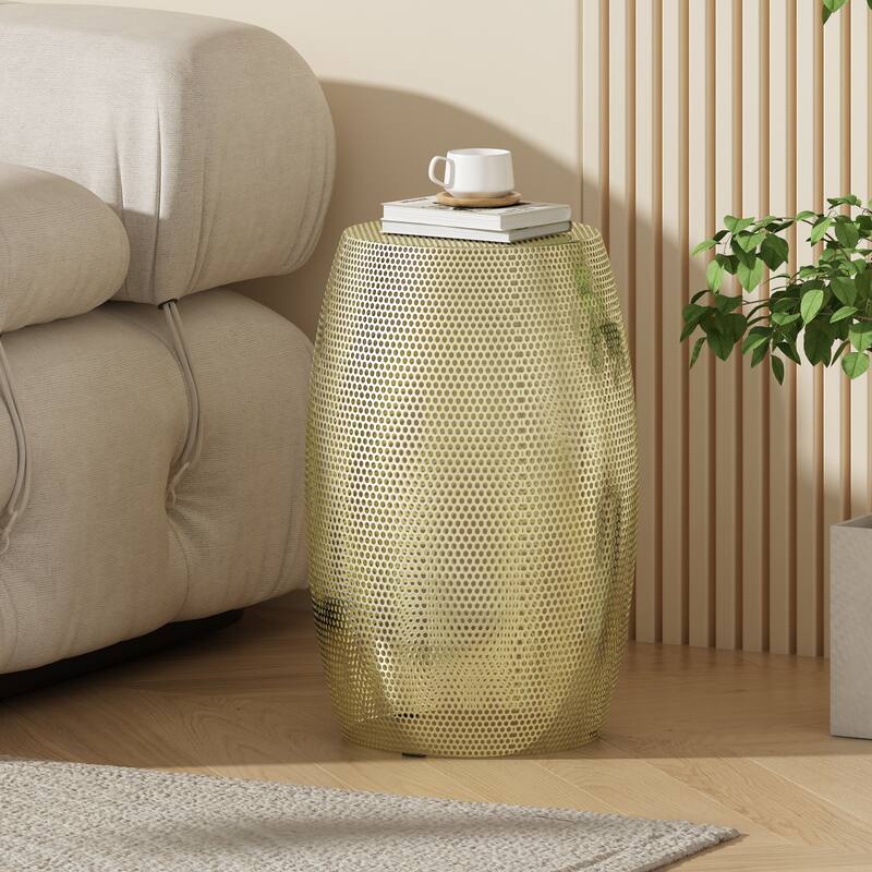 Golden Drum Side Table Openwork Design Accent Table Small End Table