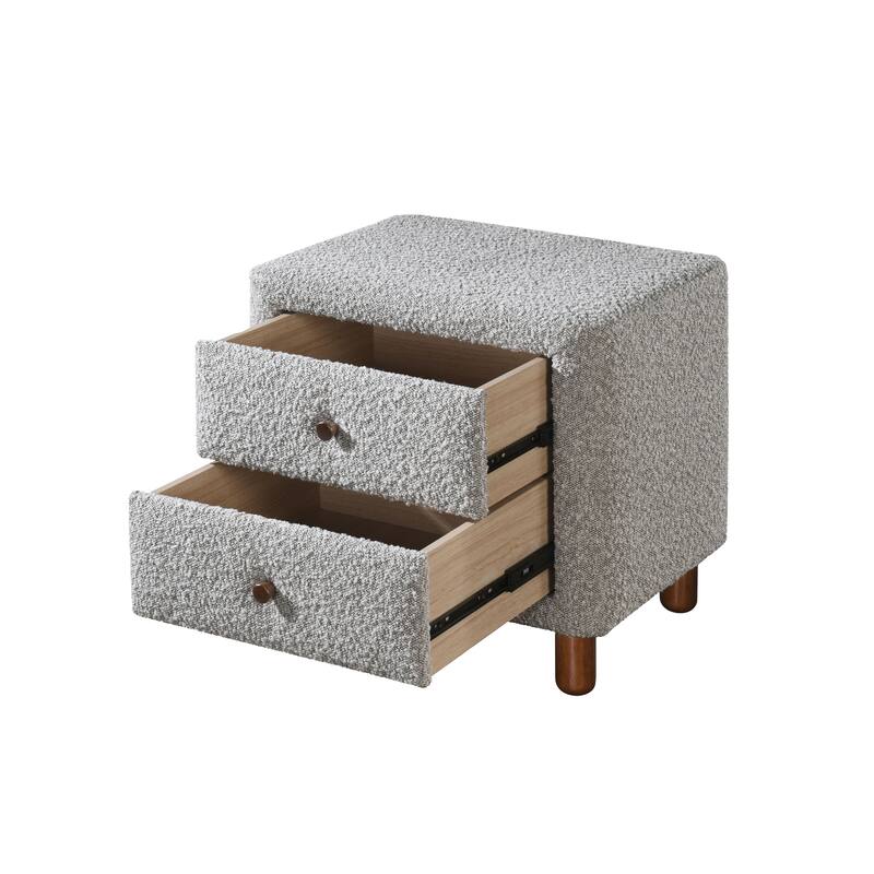 Contemporary Wooden Nightstand with Metal Drawer and Boucle Fabric