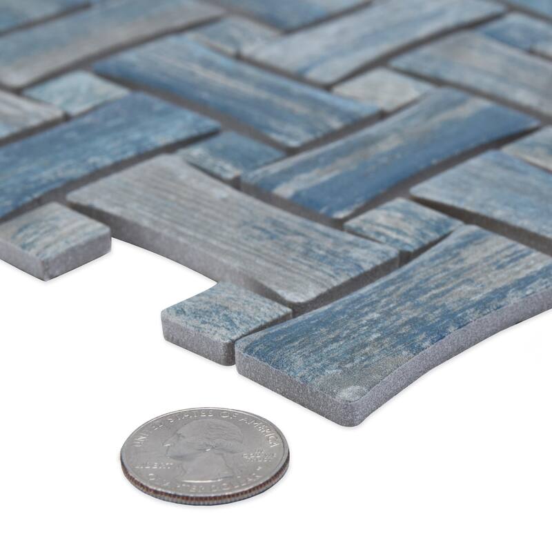 Merola Tile Cassis Dog Bone Basketweave Blue w/ Blue Dot 10" x 10" Porcelain Mosaic Floor and Wall Tile