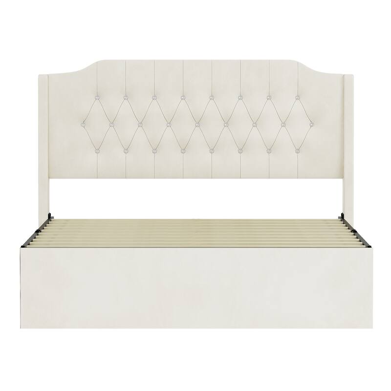 Crystal Button Accents Wingback Tufted Headboard Bed Frame, Platform Bed with Under-Bed Storage Space, Wood Low Profile Bed