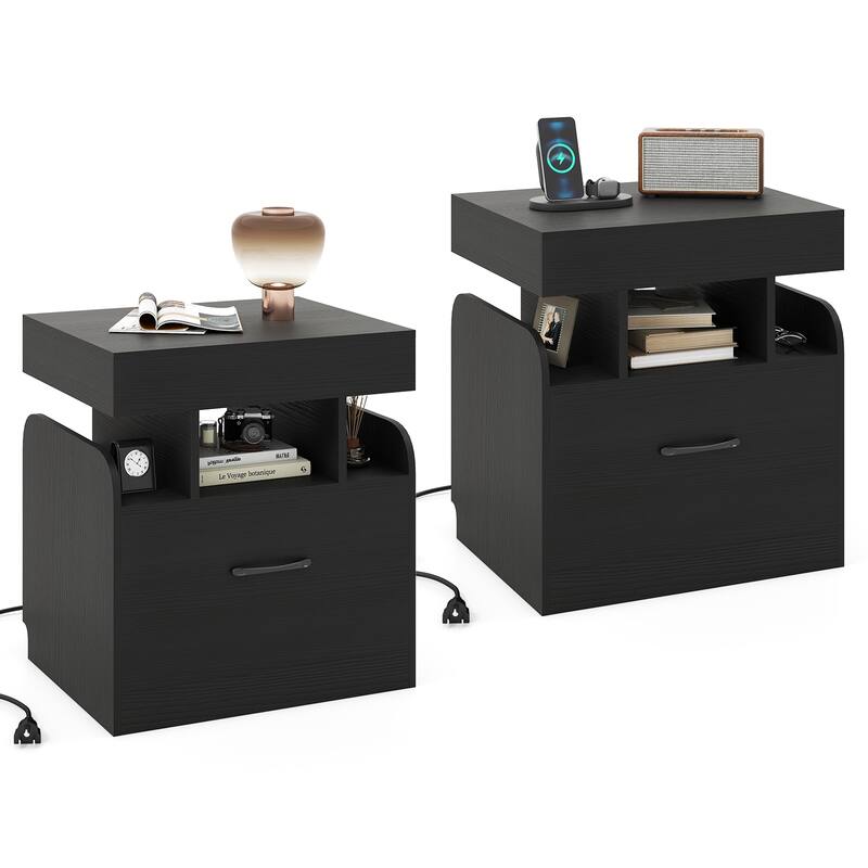 Gymax 2PCS Nightstand w/Charging Station Drawer Sliding Top Storage - Black