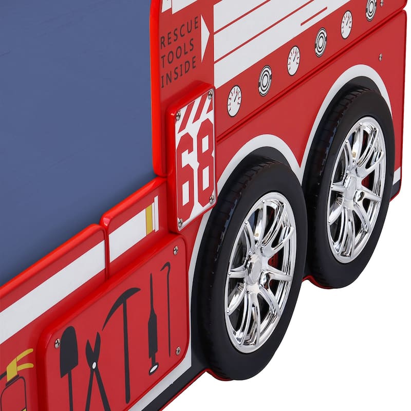 Kids Fire Truck Floor Bed with LED Light, Twin Size, Easy Assembly, Solid Construction