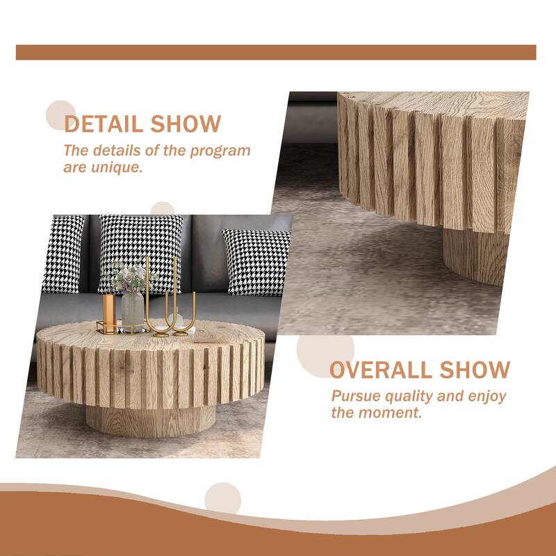 Round Coffee Table Wood, Modern Unique Circle Coffee Table, Contemporary Drum Fluted Accent Side Table Center