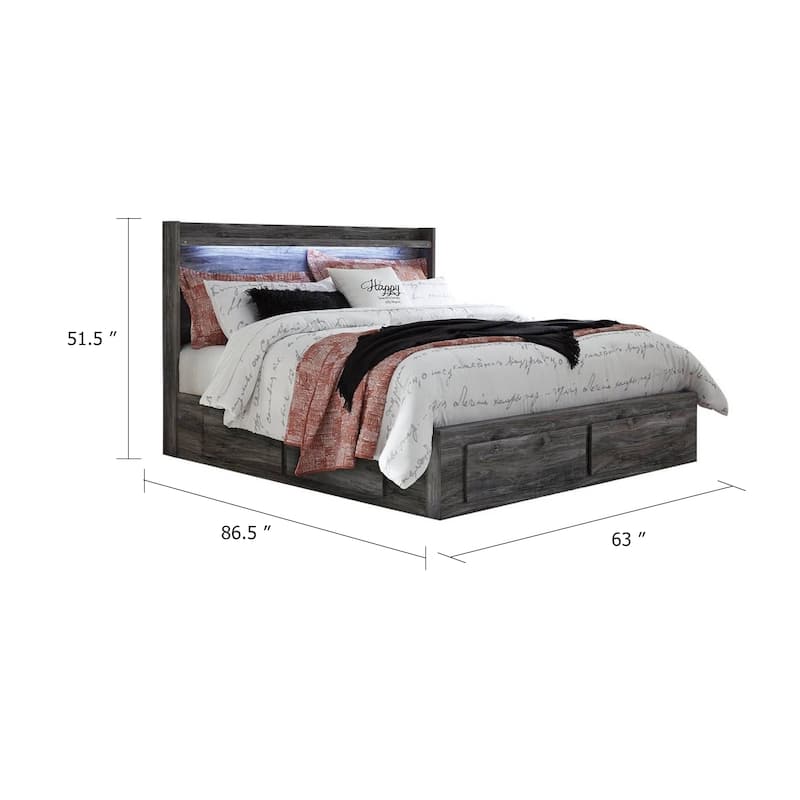 Bays Queen Size Storage Bed with 6 Drawers, Driftwood Smoke Gray, LED