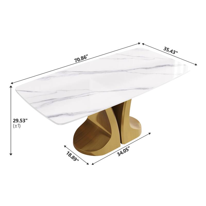 70-Inch Rectangle Marble Dining Table, Modern Sintered Stone Kitchen Dinner Table with Gold Finish Metal Base for 6-8