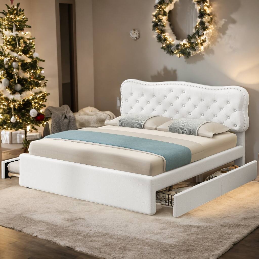 Queen Size Upholstery Platform Bed with Storage Drawers and Trundle,White