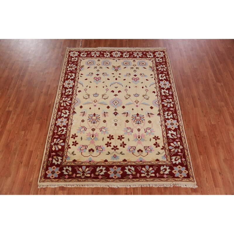 Hand Knotted Oriental 100% Wool Carpet Traditional Floral Peach Ziegler Area Rug - 7' 1'' X 5' 5''