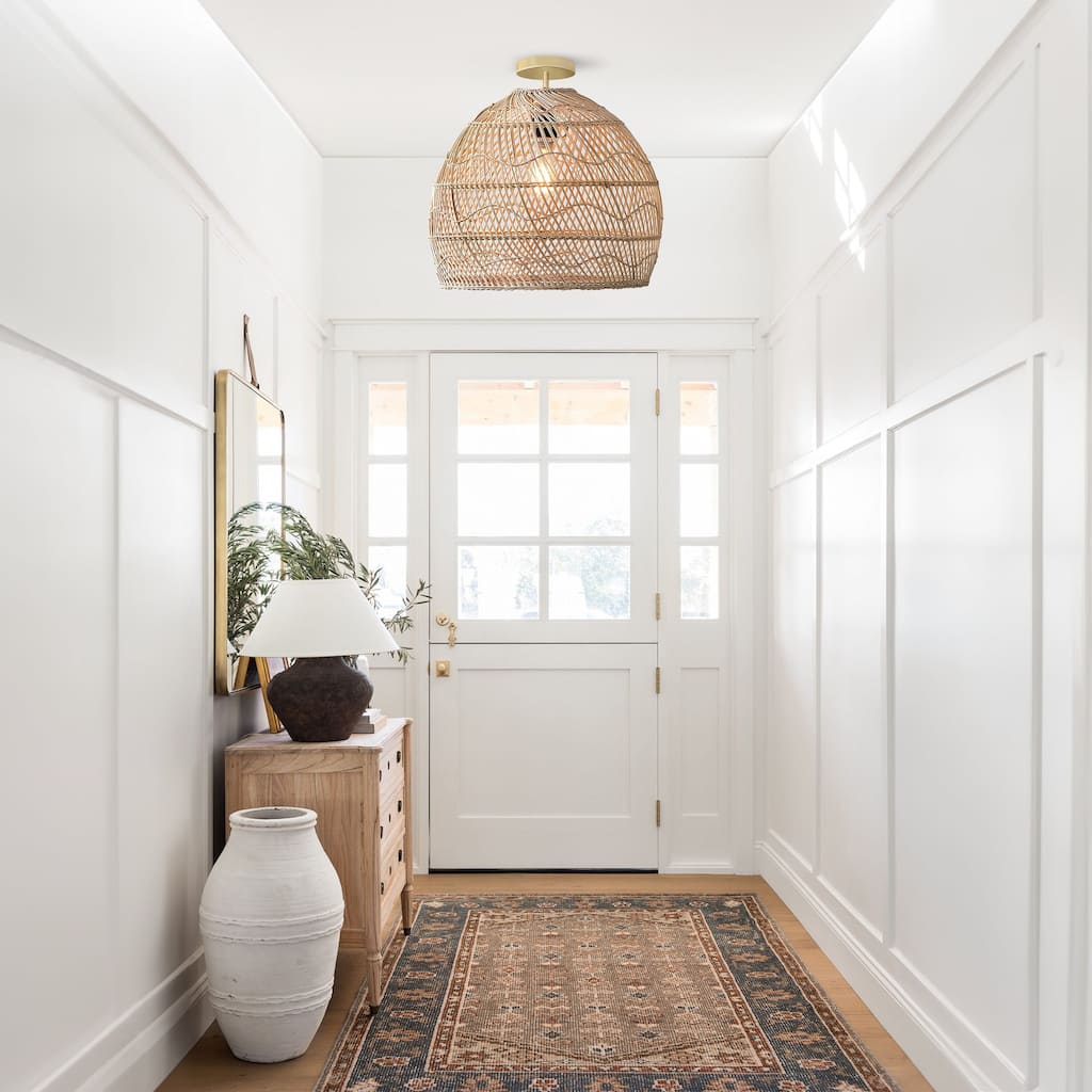 Santana Rattan Flush Mount - Rattan Brown 1-Light Handwoven Ceiling Light for Bedroom or Hallway in Modern, Mid-Century Style