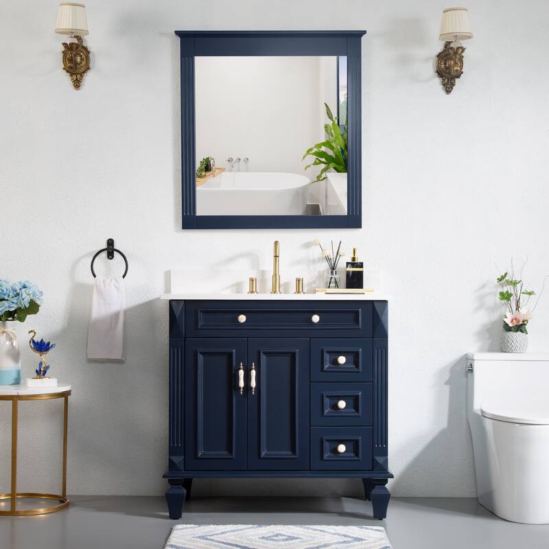 35'' H X 36'' W Solid Wood Bath Vanity with Stain-resistant Carrera Quartz Top and Single Sink - Navy Blue