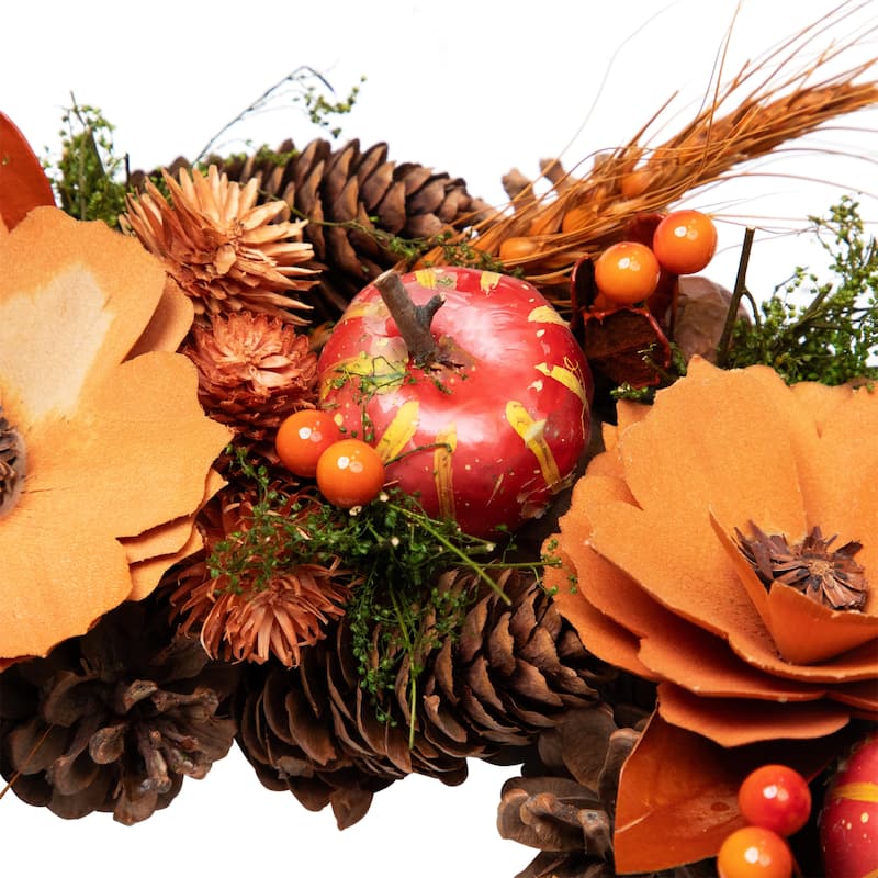 Autumn Harvest Orange Flowers Gourds Pine Cone Wreath 13.25 Inch Unlit