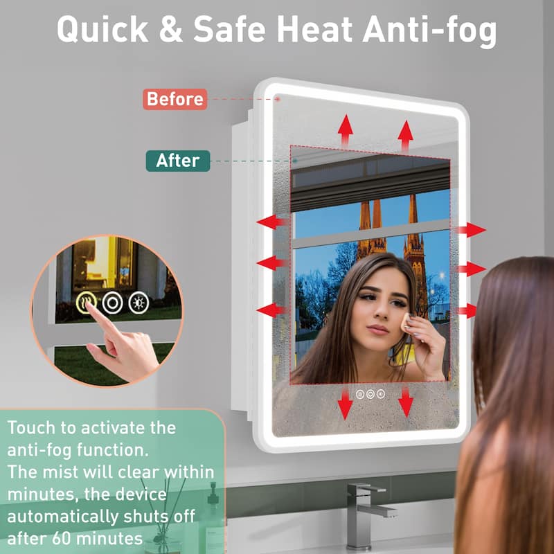 Milo LED Iron Medicine Cabinet with Mirror, Dimmable, Anti-fog, Adjustable Glass Shelves, Recessed or Surface Mount