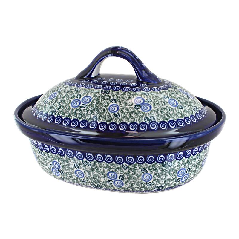 Blue Rose Polish Pottery 1158 Zaklady Roaster with Lid - Seaside Swirl