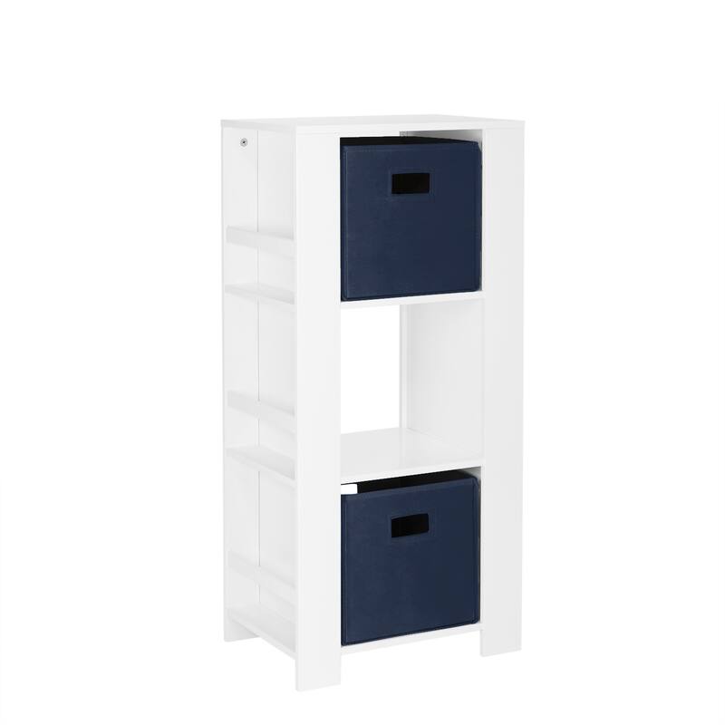 RiverRidge Kids Bookshelf and Toy Organizer Tower with 3 Cubbies and 6 Bookracks for Playroom, Nursery, and Reading Nook - White with Navy Bins