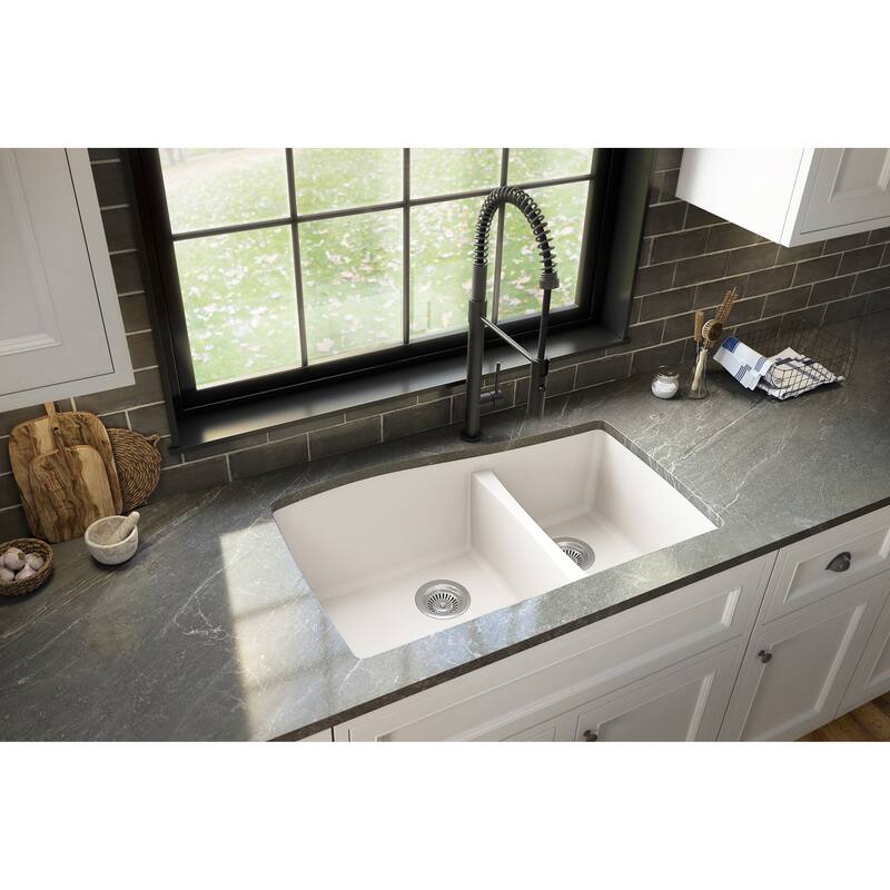 Karran Undermount Quartz 33 in. Double Bowl 60/40 Kitchen Sink with Bottom Grids and Strainers