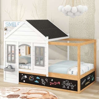 Twin Size Playhouse Design House Shaped Canopy Bed with Roof,Window,Blackboard and Little Shelf,Superior Quality Material