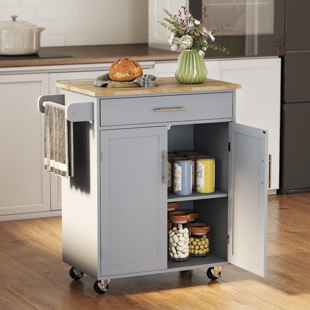 HOMCOM Kitchen Island Cart Rolling Trolley Cart with Drawer, Storage Cabinet & Towel Rack